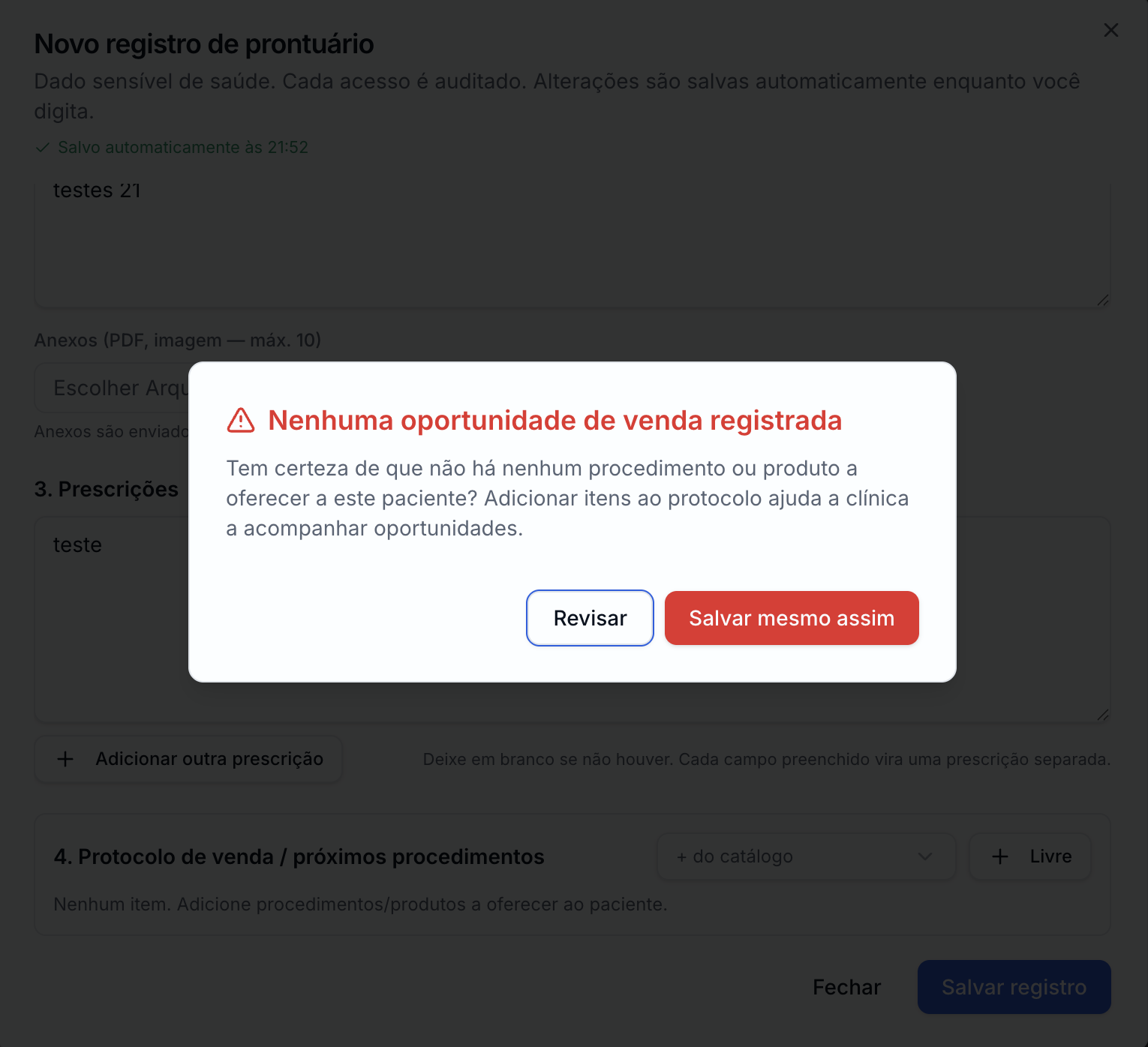 Alerta real do Letts One verificando se existe uma próxima oportunidade para o paciente