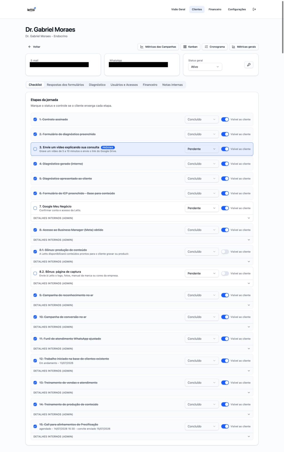 Portal Letts com etapas de implantação, diagnóstico e acompanhamento da clínica
